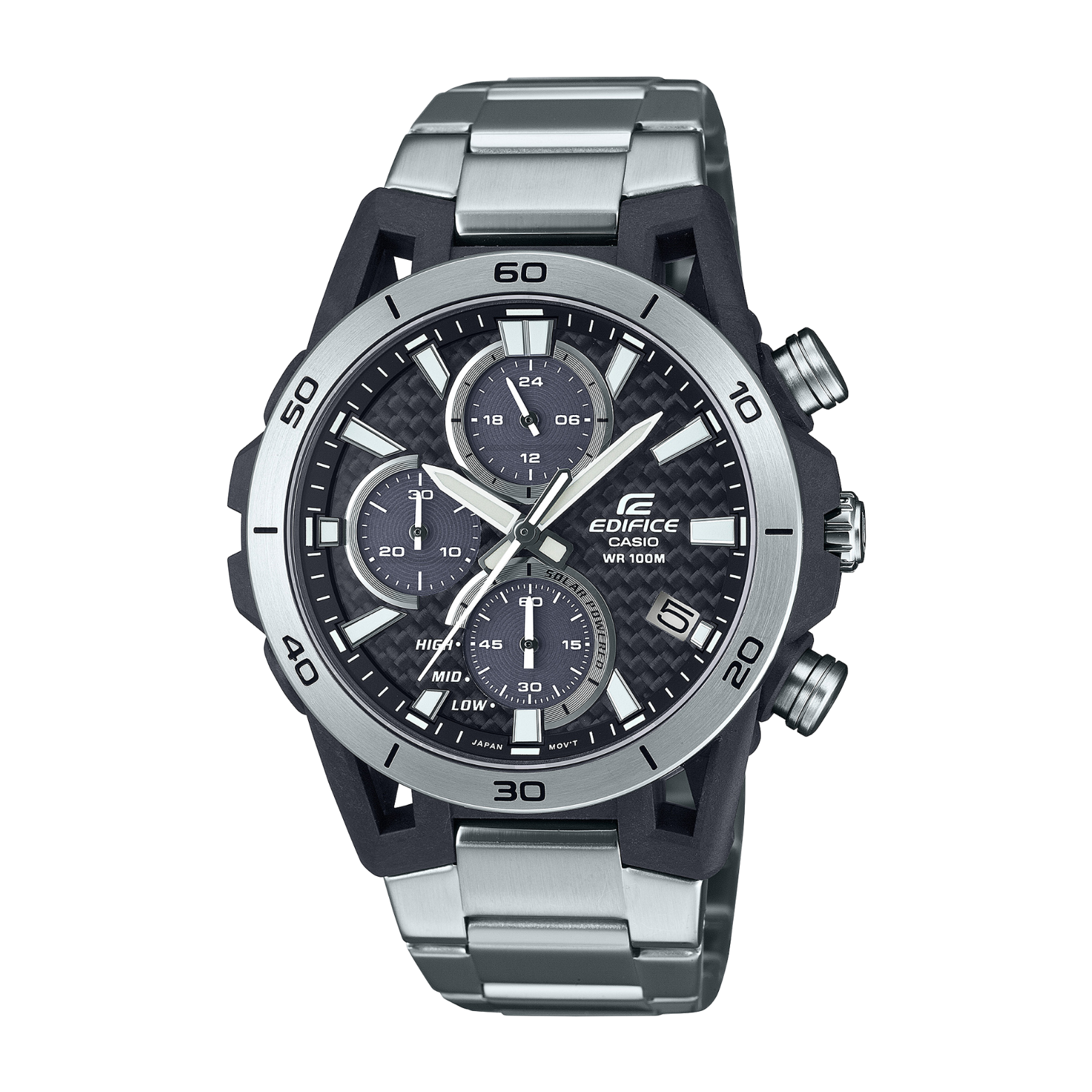 Silver and black Edifice watch on a white background