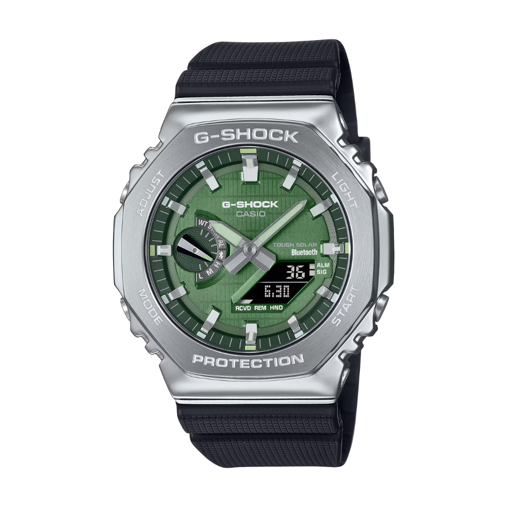 G-Shock watch with green face and black strap on a white background