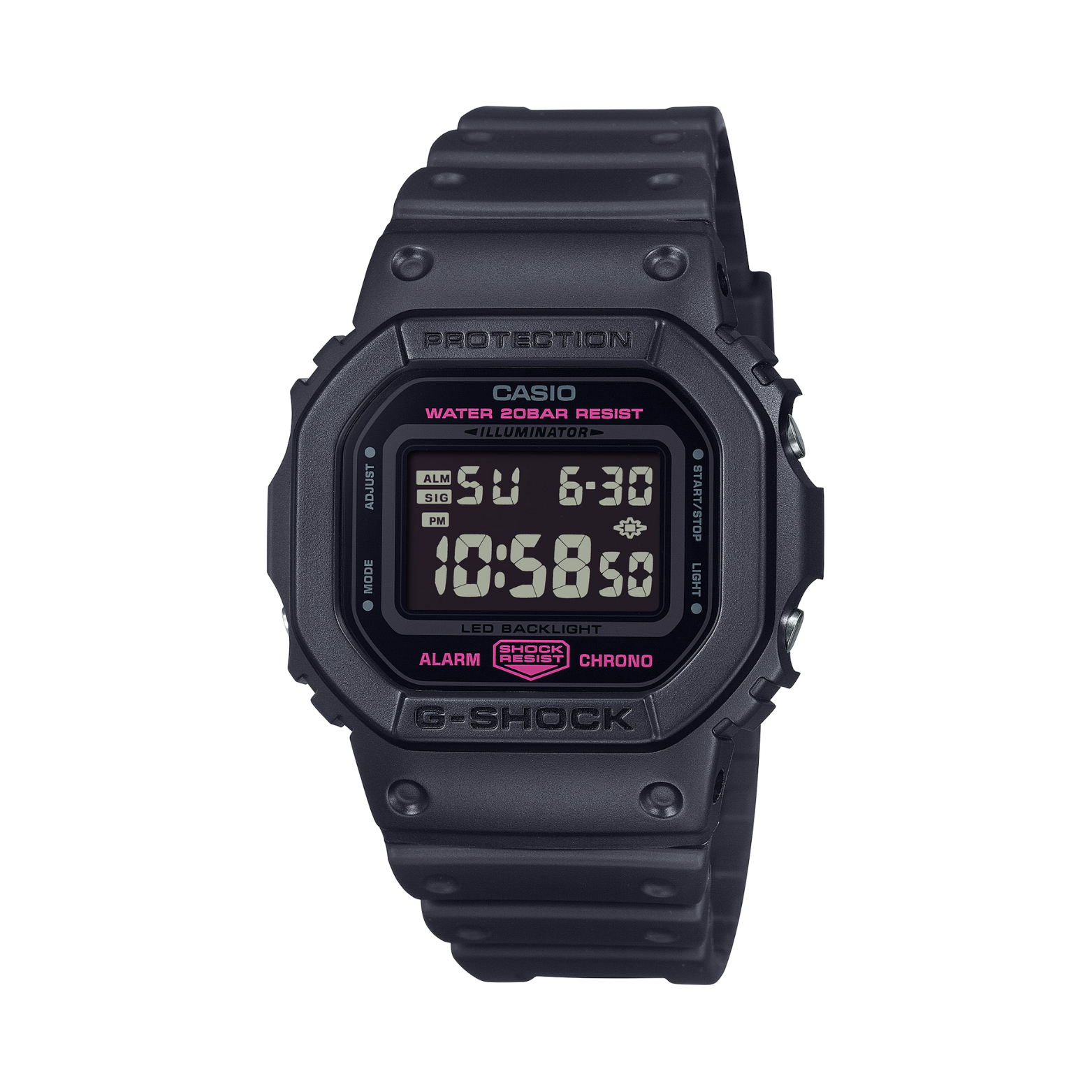 Black Casio G-Shock digital watch on a white background