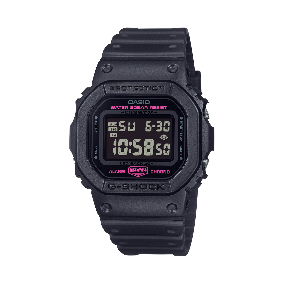 Black Casio G-Shock digital watch on a white background