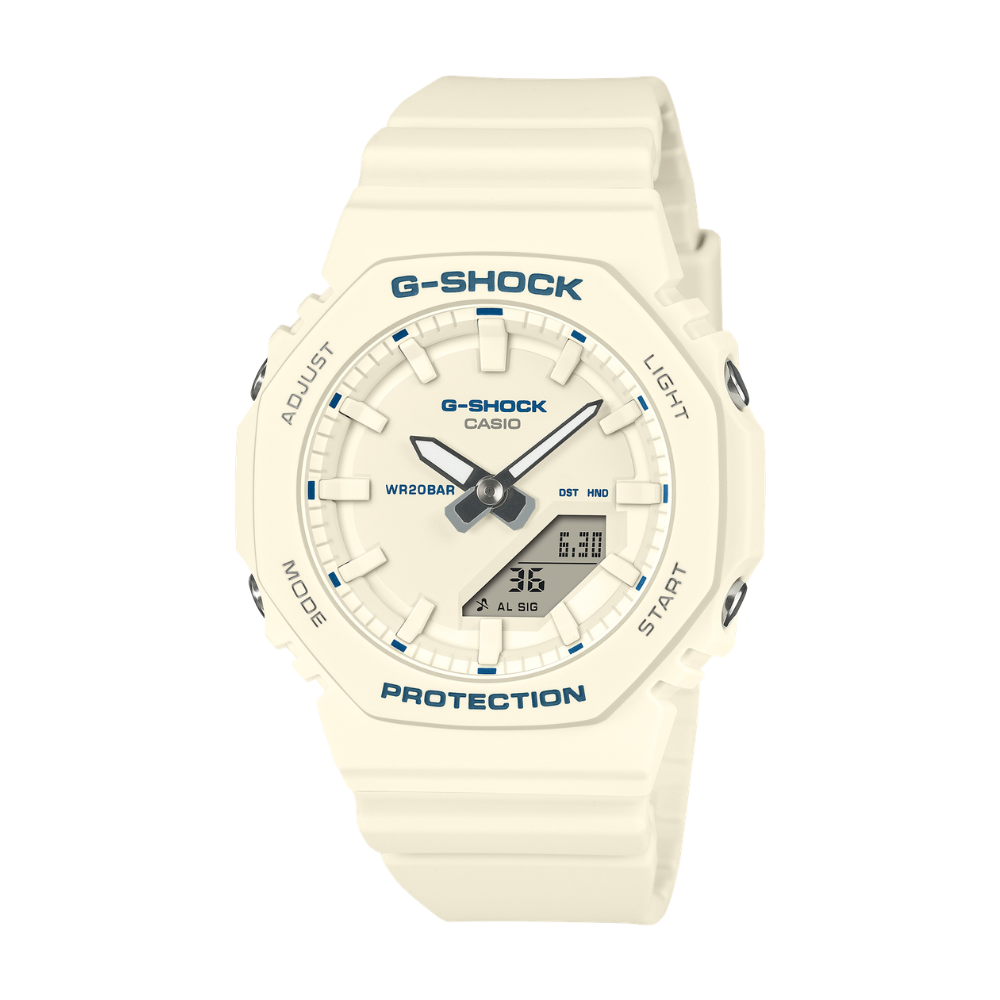 G-Shock watch with beige strap and white face on a white background