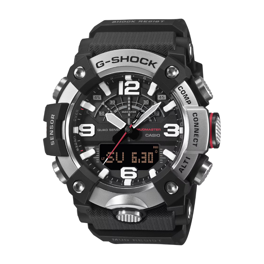 G-Shock watch with black and silver design on a white background