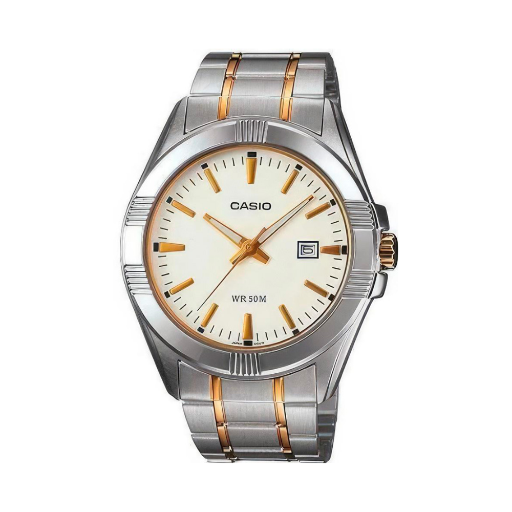 Casio watch with silver and rose gold band on a white background