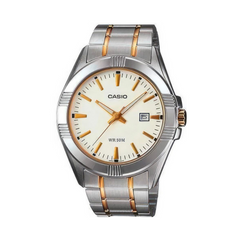Casio watch with silver and rose gold band on a white background
