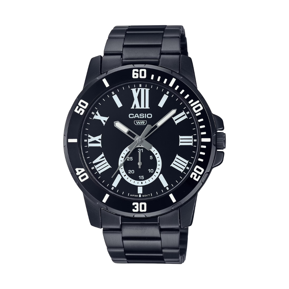 Black Casio watch with Roman numeral markers on a white background