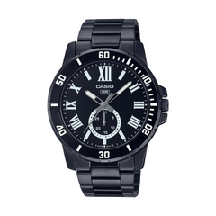 Black Casio watch with Roman numeral markers on a white background