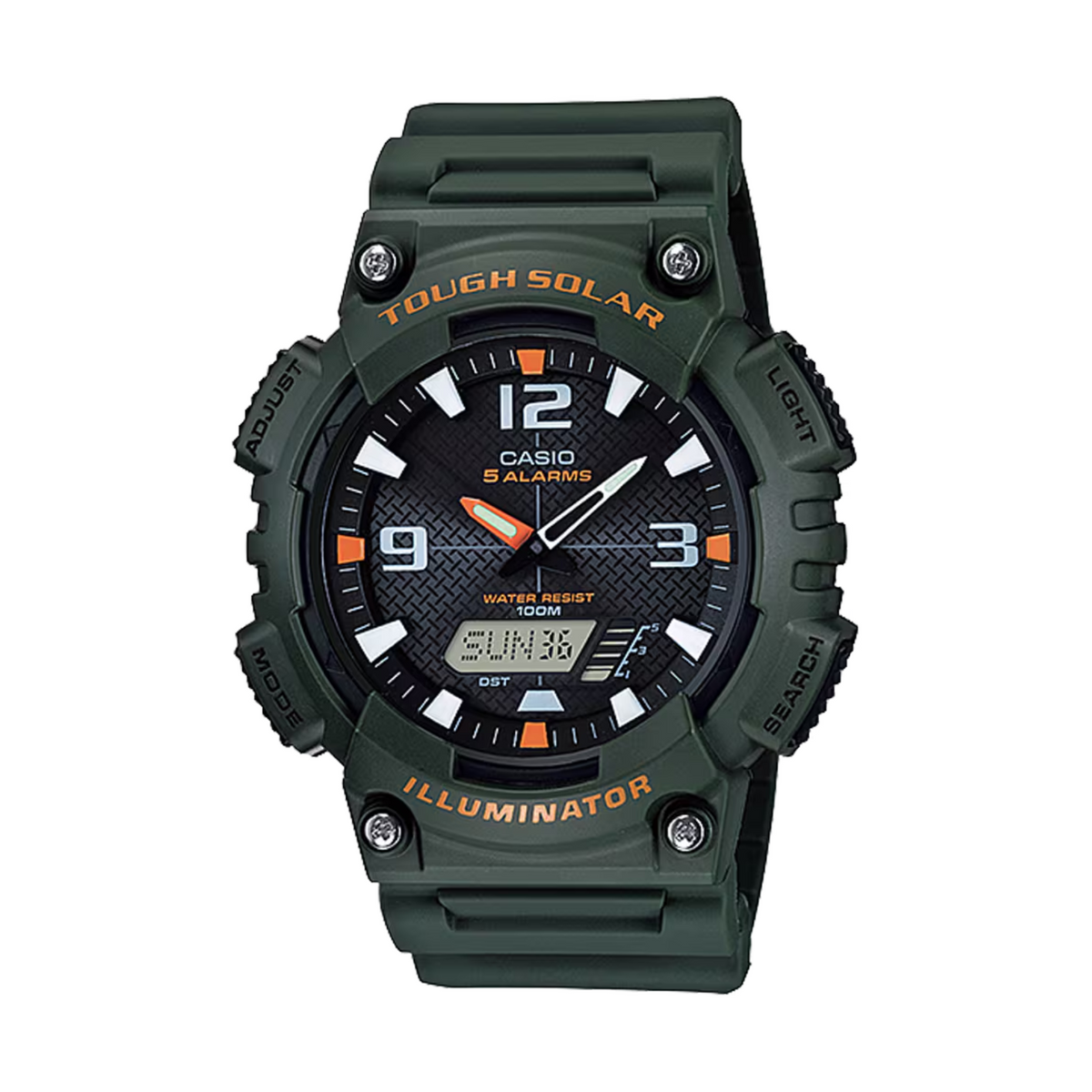 Green Casio watch with digital and analog display on a white background