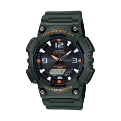 Green Casio watch with digital and analog display on a white background