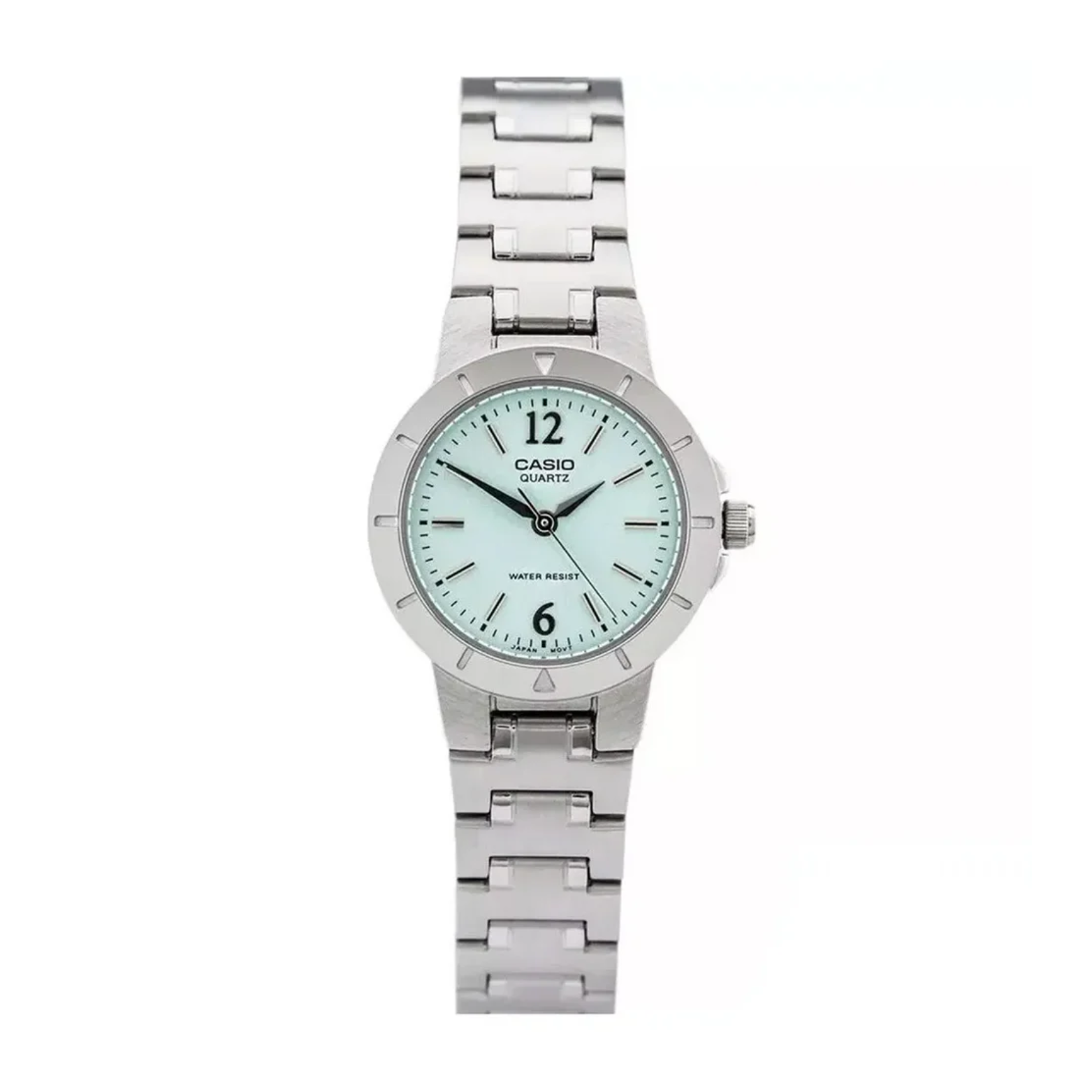 Silver Casio watch with a light blue face on a white background