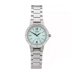 Silver Casio watch with a light blue face on a white background
