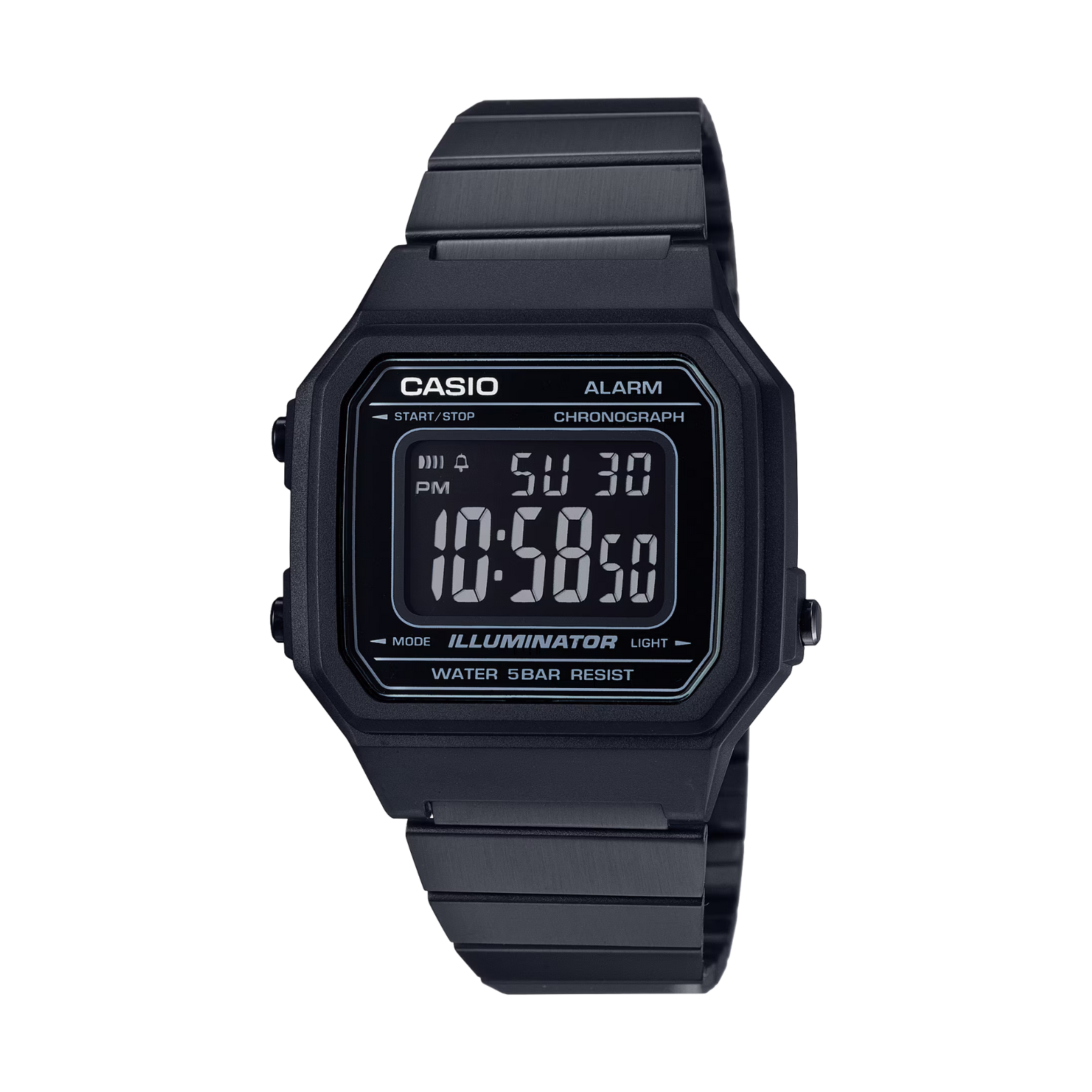 Black Casio digital watch on a white background