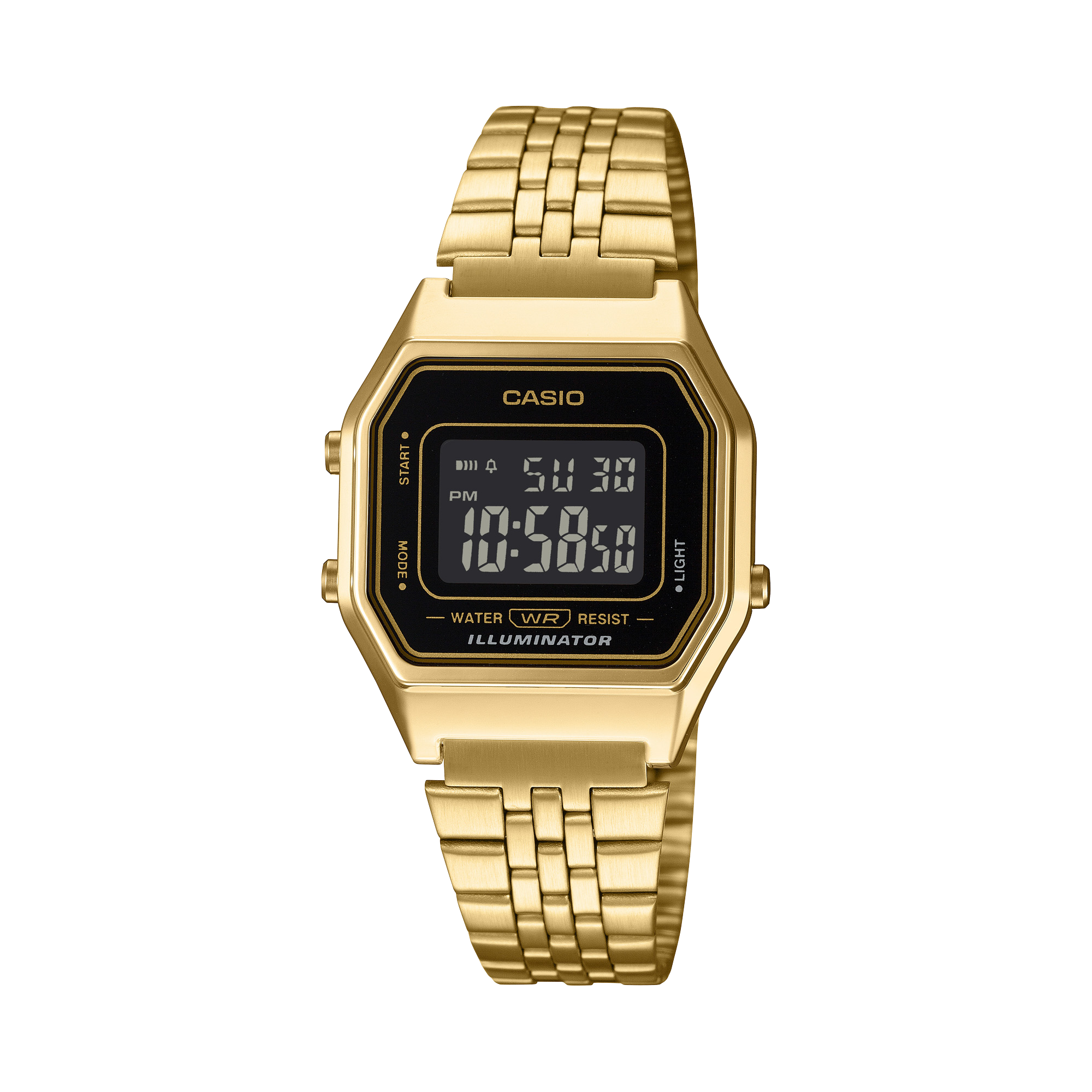 Gold Casio digital watch on a white background