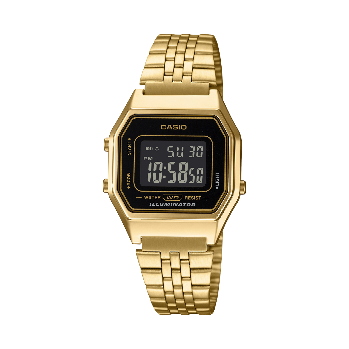 Gold Casio digital watch on a white background