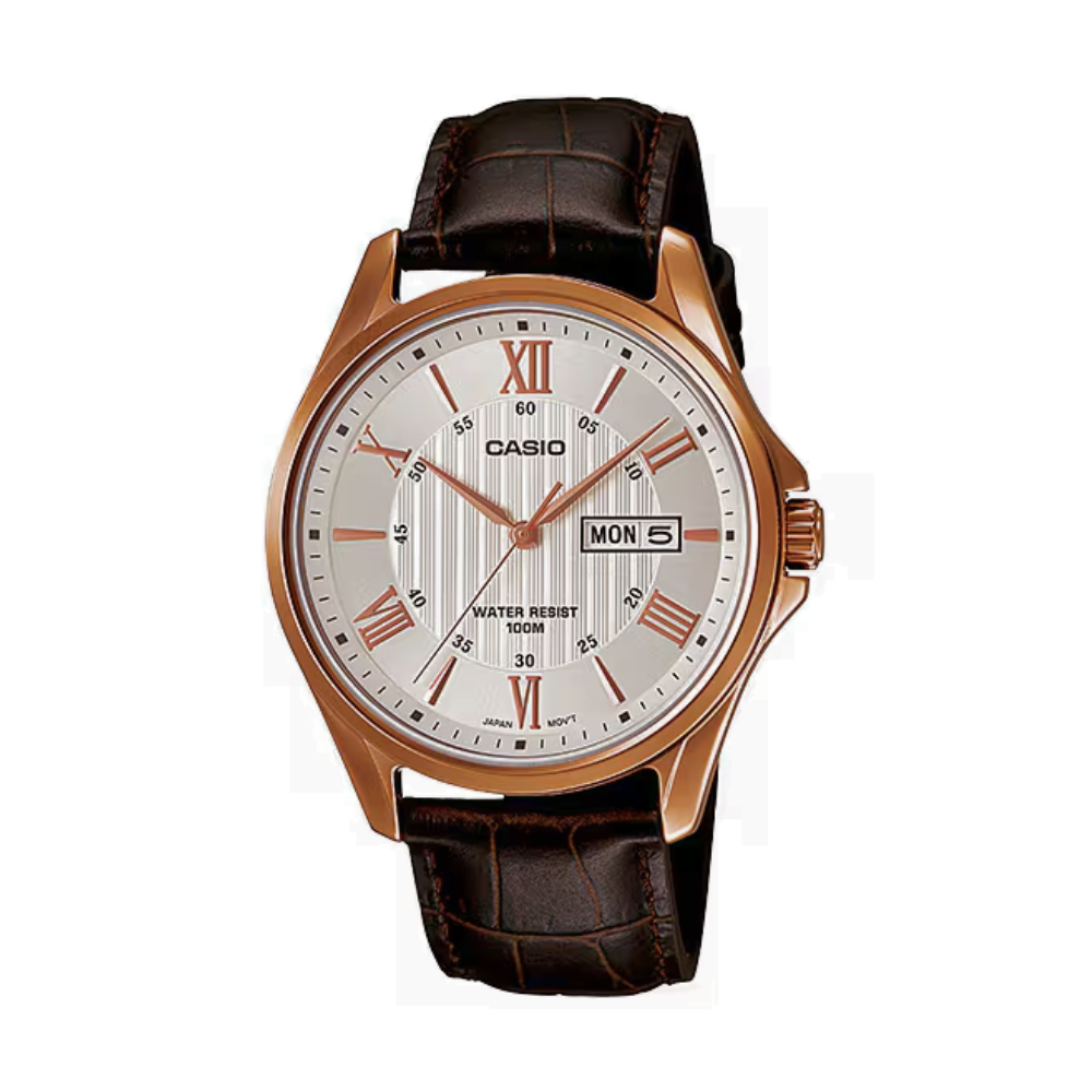Casio watch with brown leather strap and rose gold casing on a white background