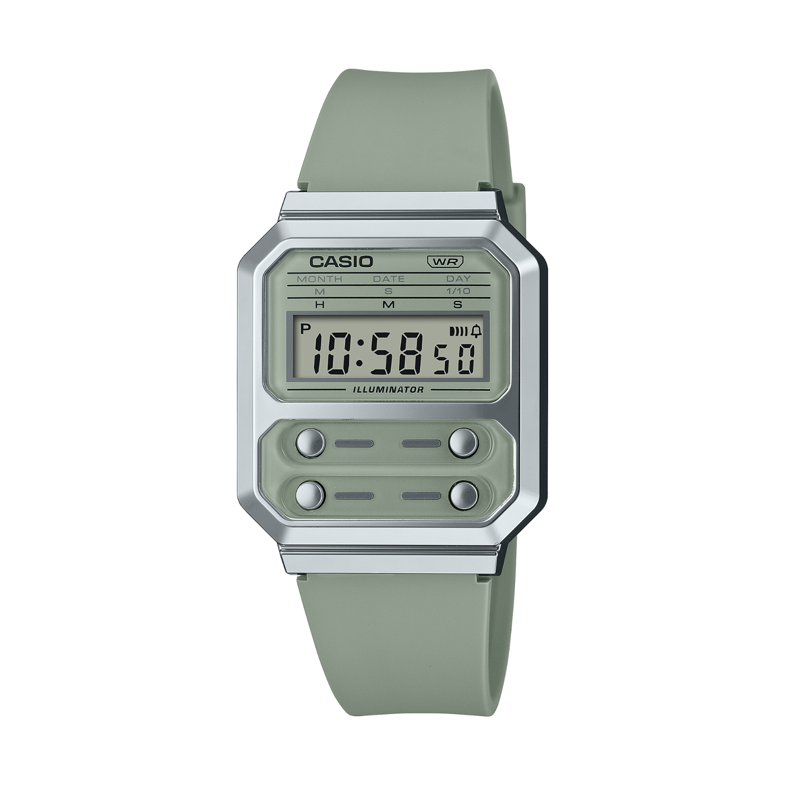 Casio digital watch with a green strap on a white background