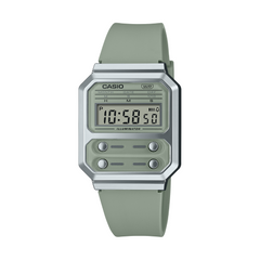 Casio digital watch with a green strap on a white background