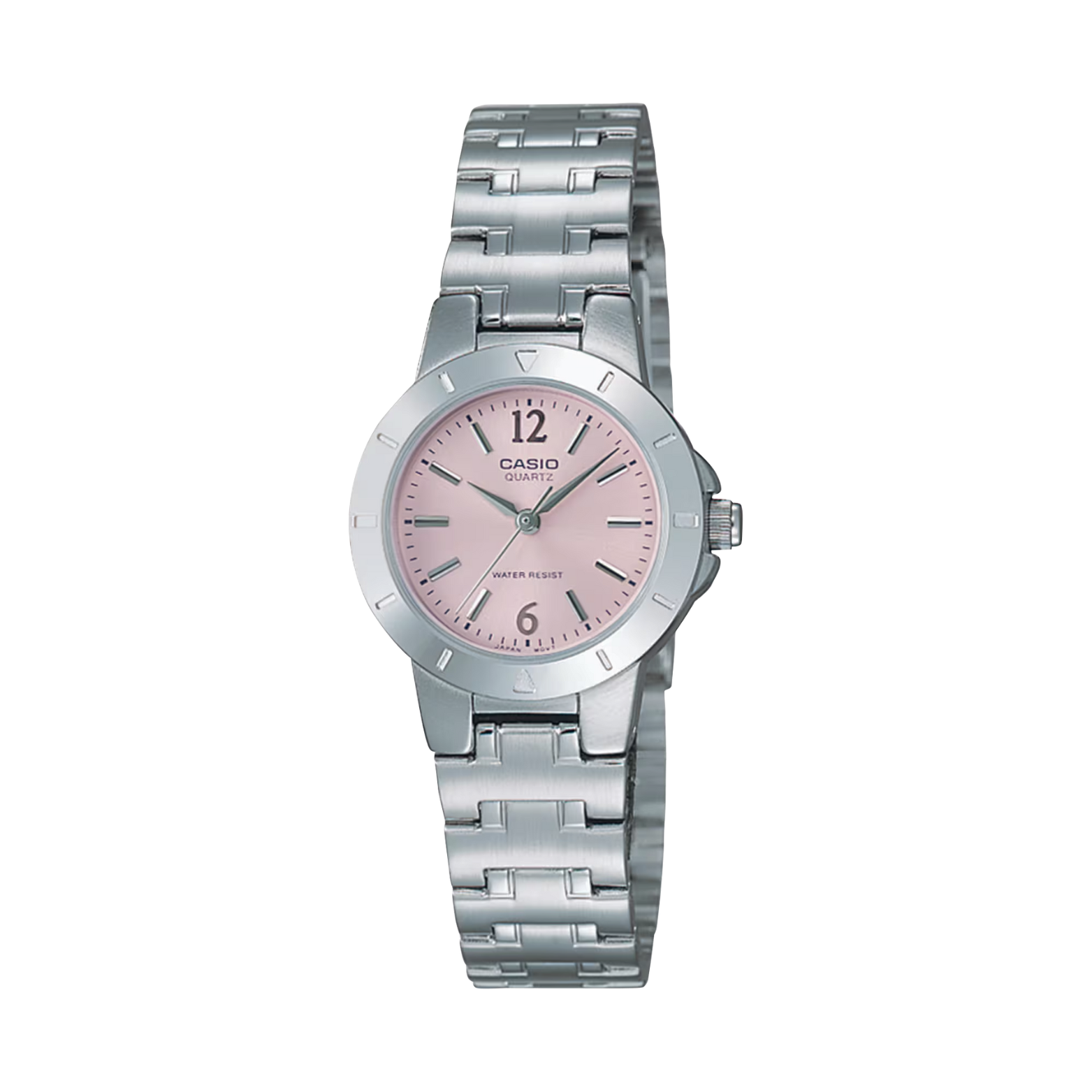 Casio watch with pink dial and silver metal strap on a white background