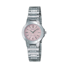 Casio watch with pink dial and silver metal strap on a white background