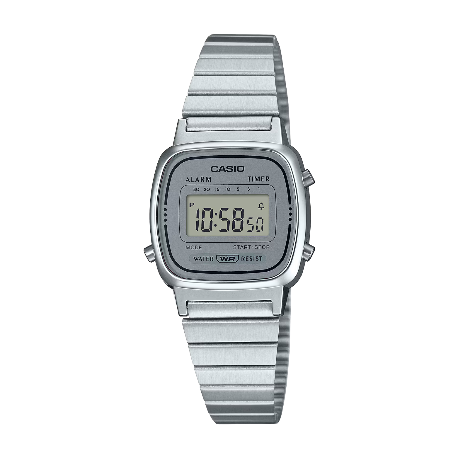 Silver Casio digital watch on a white background