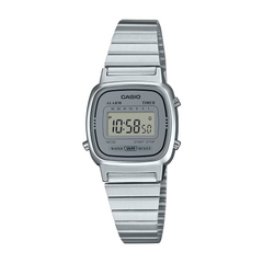 Silver Casio digital watch on a white background