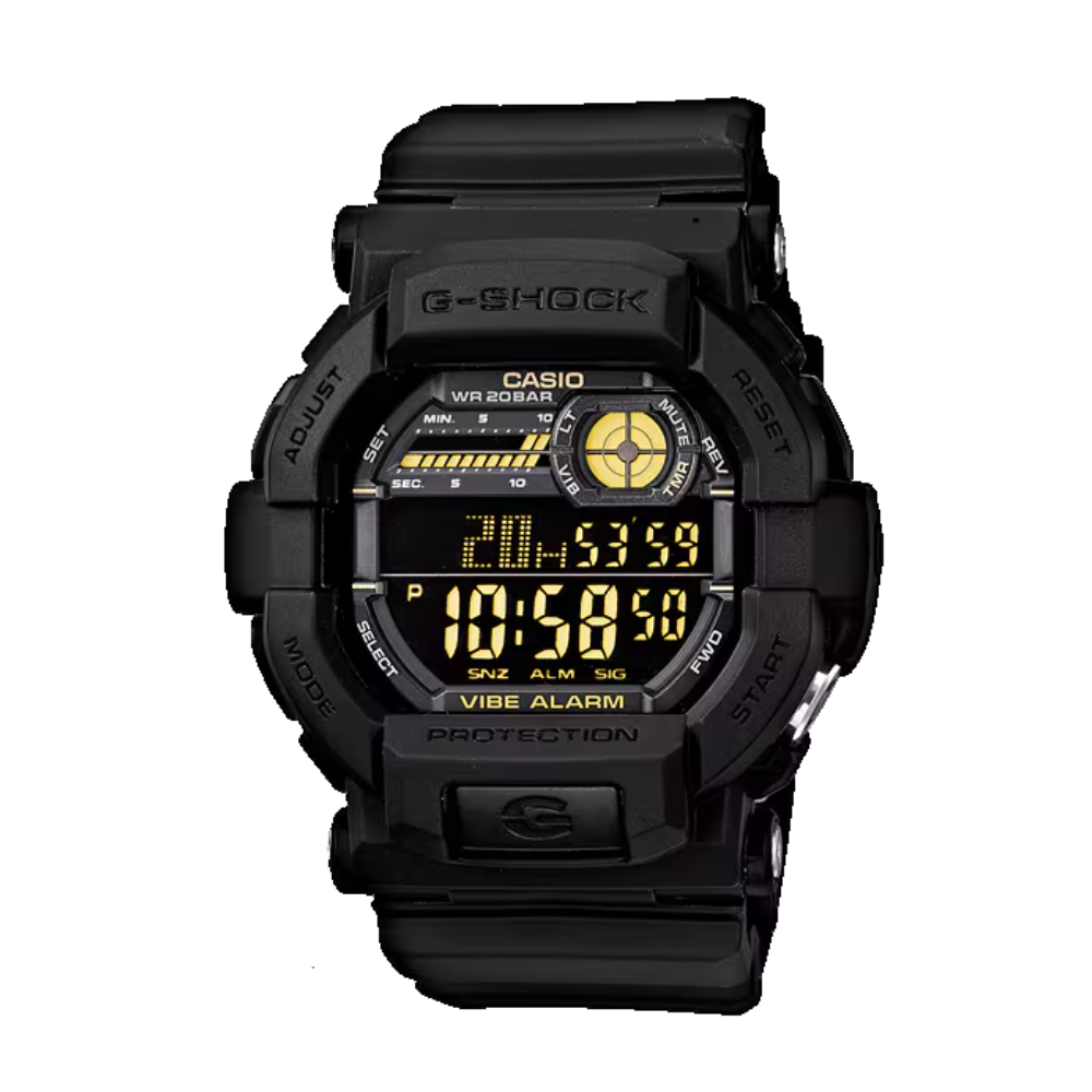 Black Casio G-Shock digital watch with yellow display on a white background
