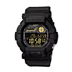 Black Casio G-Shock digital watch with yellow display on a white background