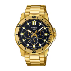 Gold Casio watch with a black dial on a white background
