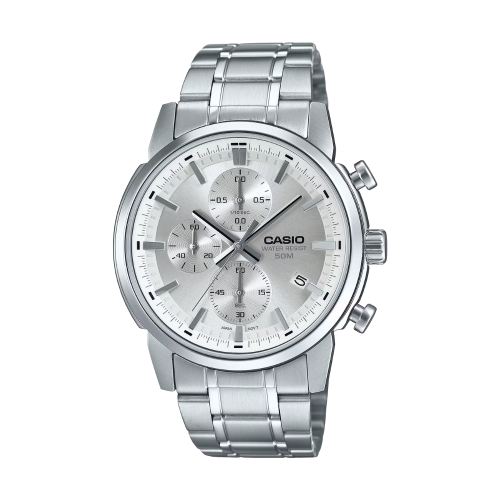 Silver Casio watch with a white face on a white background