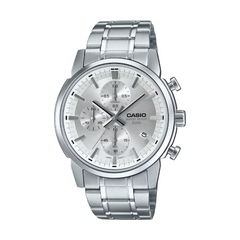 Silver Casio watch with a white face on a white background