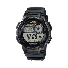 Black Casio digital watch on a white background
