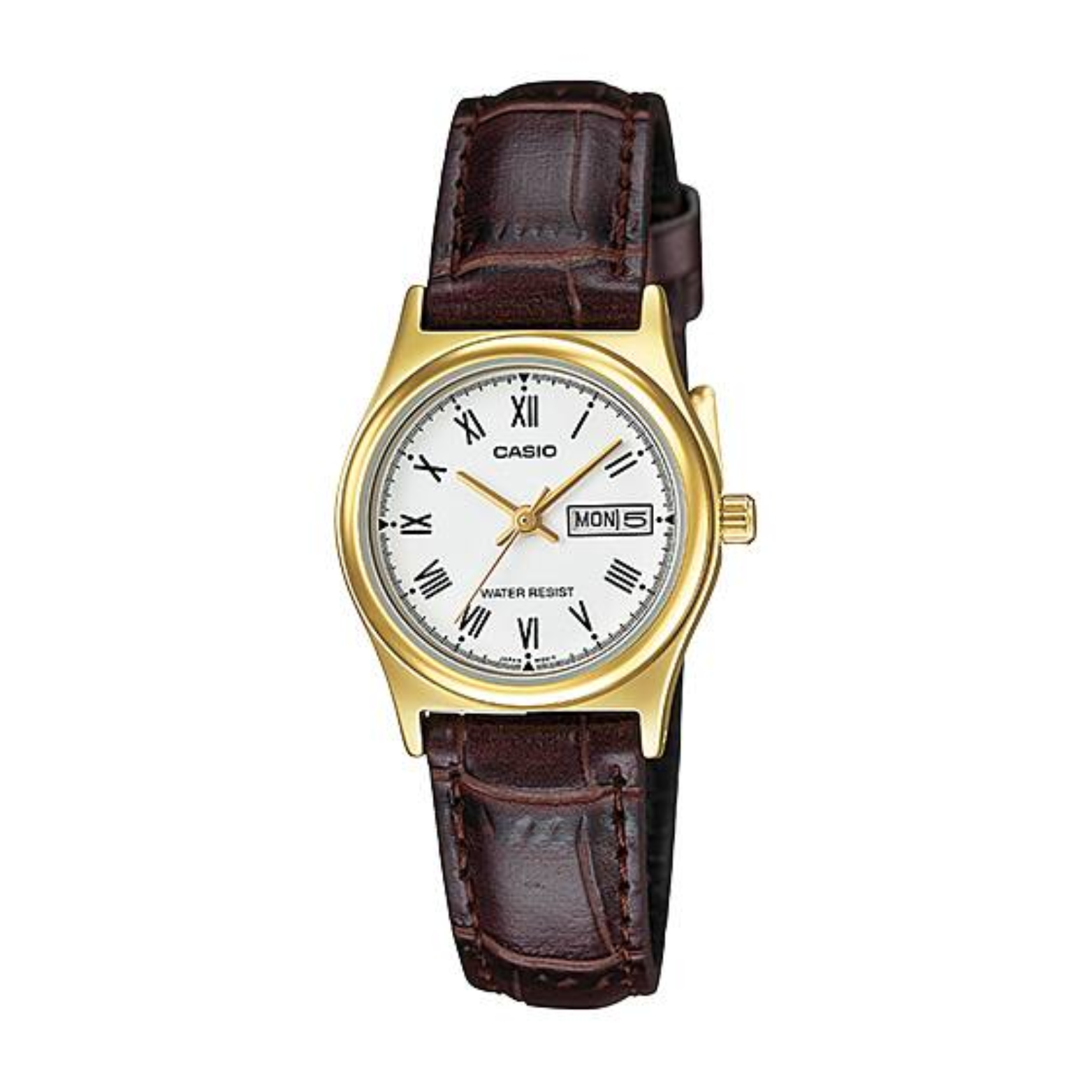 Casio watch with gold case and brown leather strap on a white background