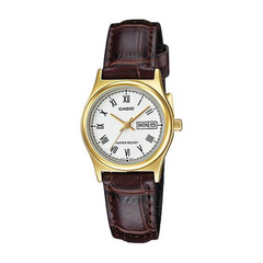 Casio watch with gold case and brown leather strap on a white background