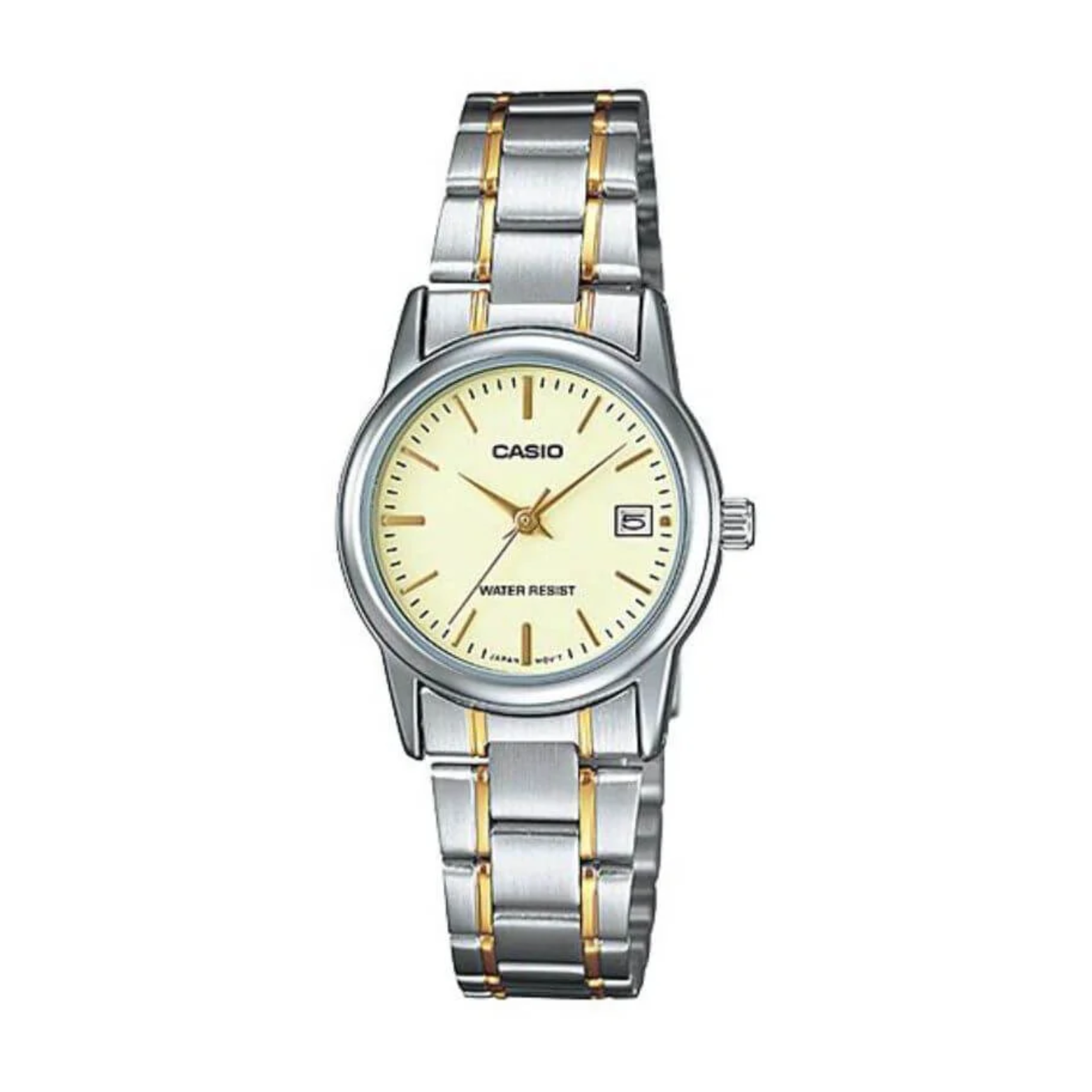 Casio watch with two-tone metal strap on a white background