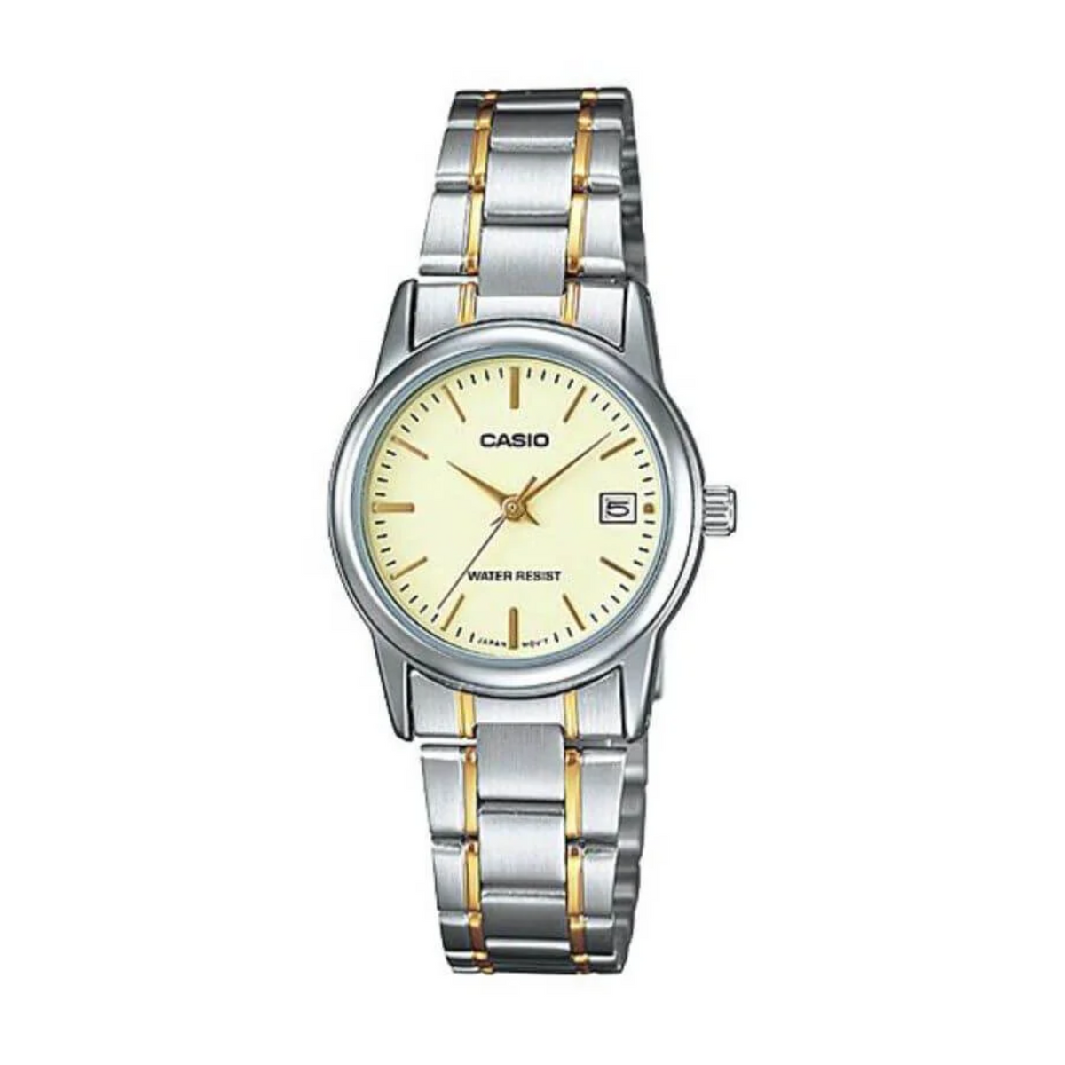 Casio watch with two-tone metal strap on a white background