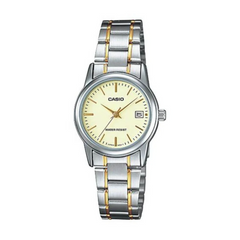 Casio watch with two-tone metal strap on a white background