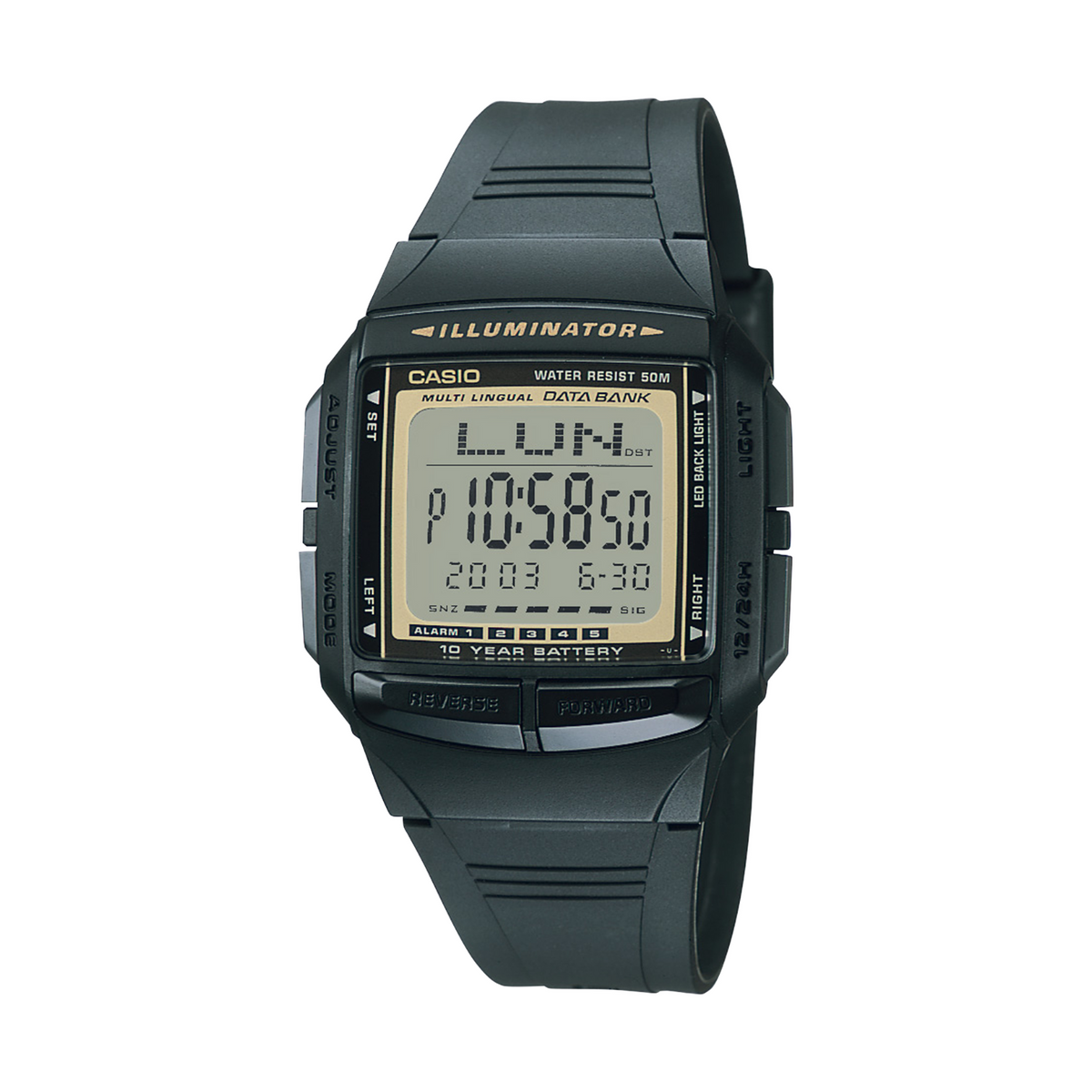 Black Casio digital watch on a white background