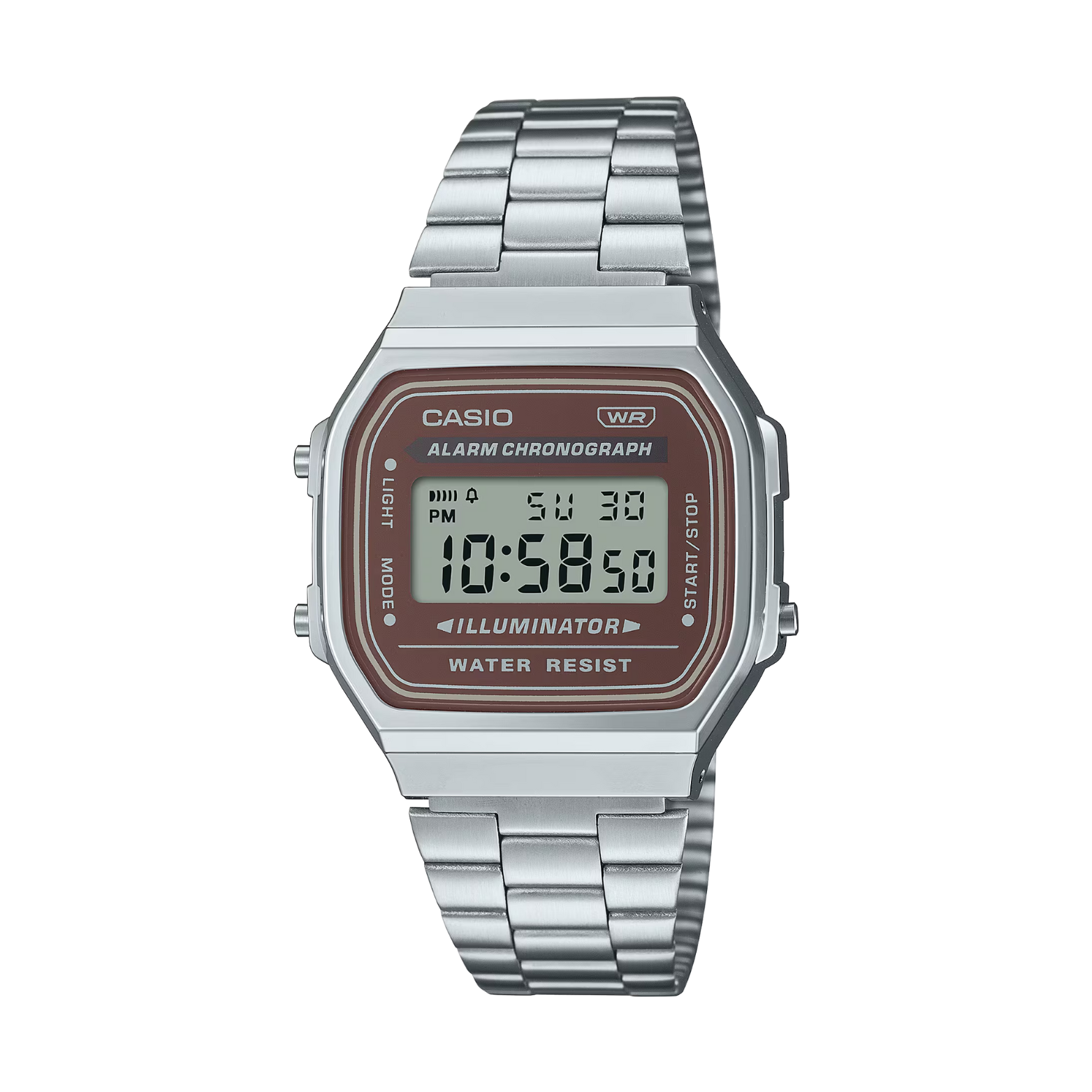 Casio digital watch with silver metal strap on a white background