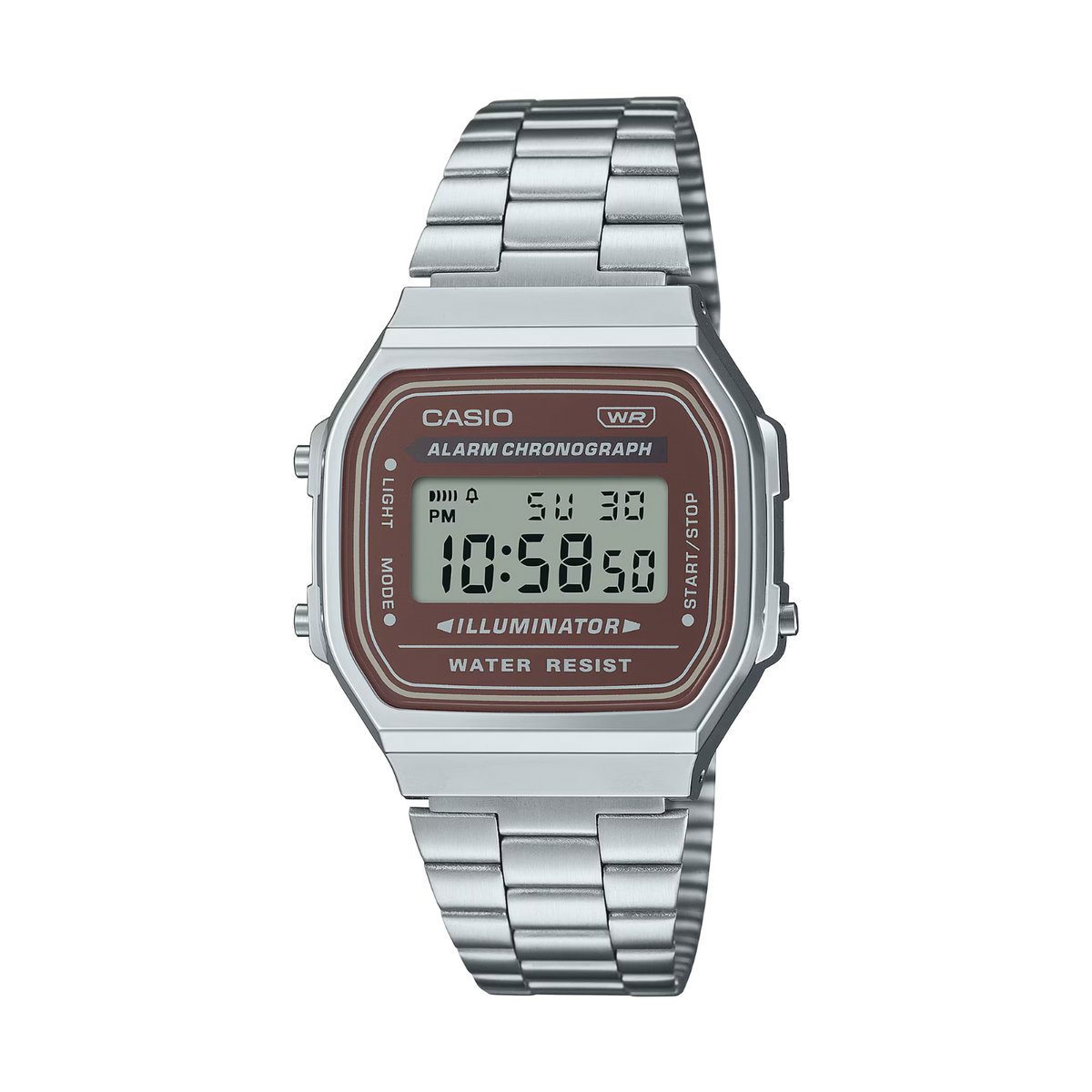 Casio digital watch with silver metal strap on a white background