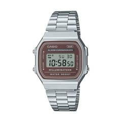 Casio digital watch with silver metal strap on a white background