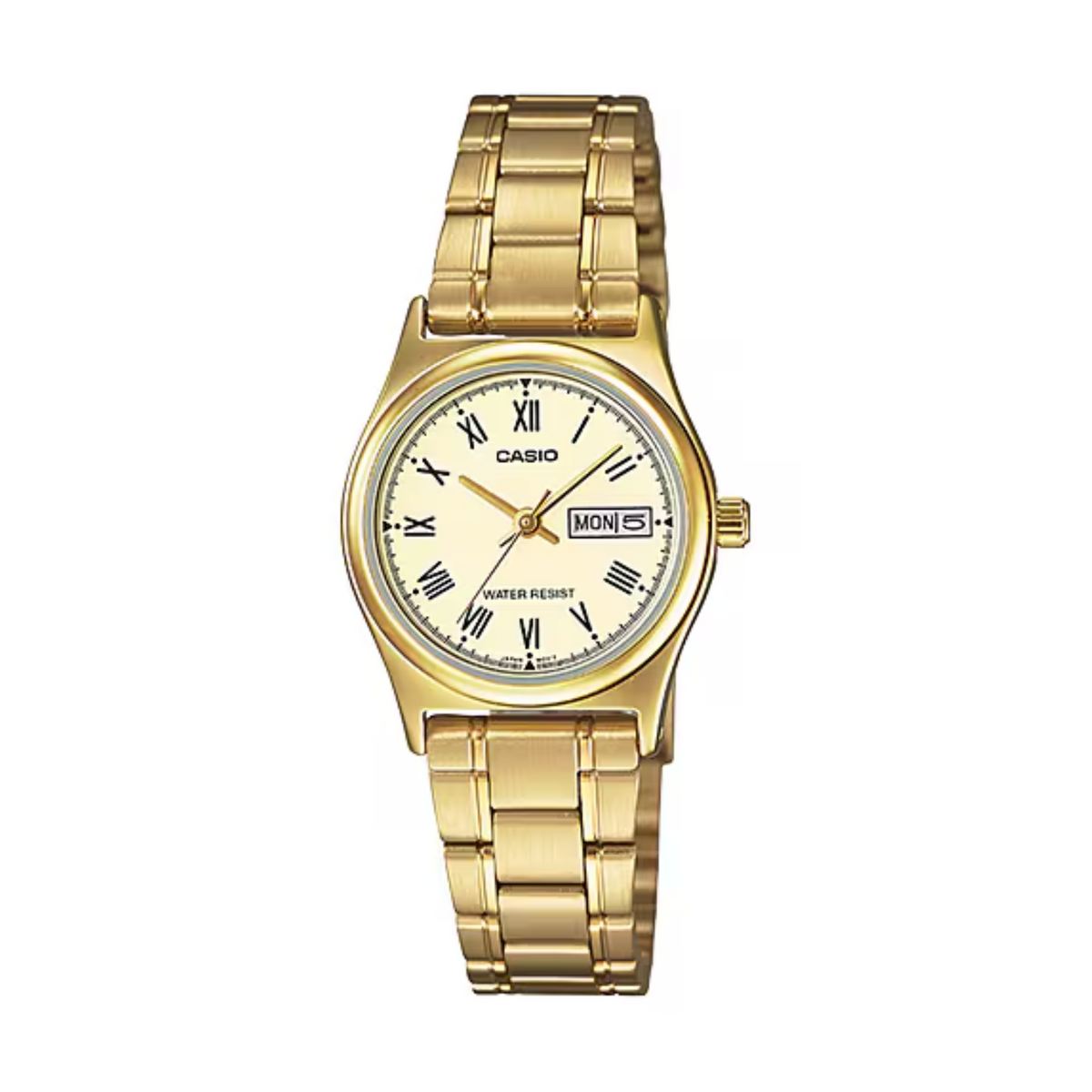 Gold Casio watch on a white background