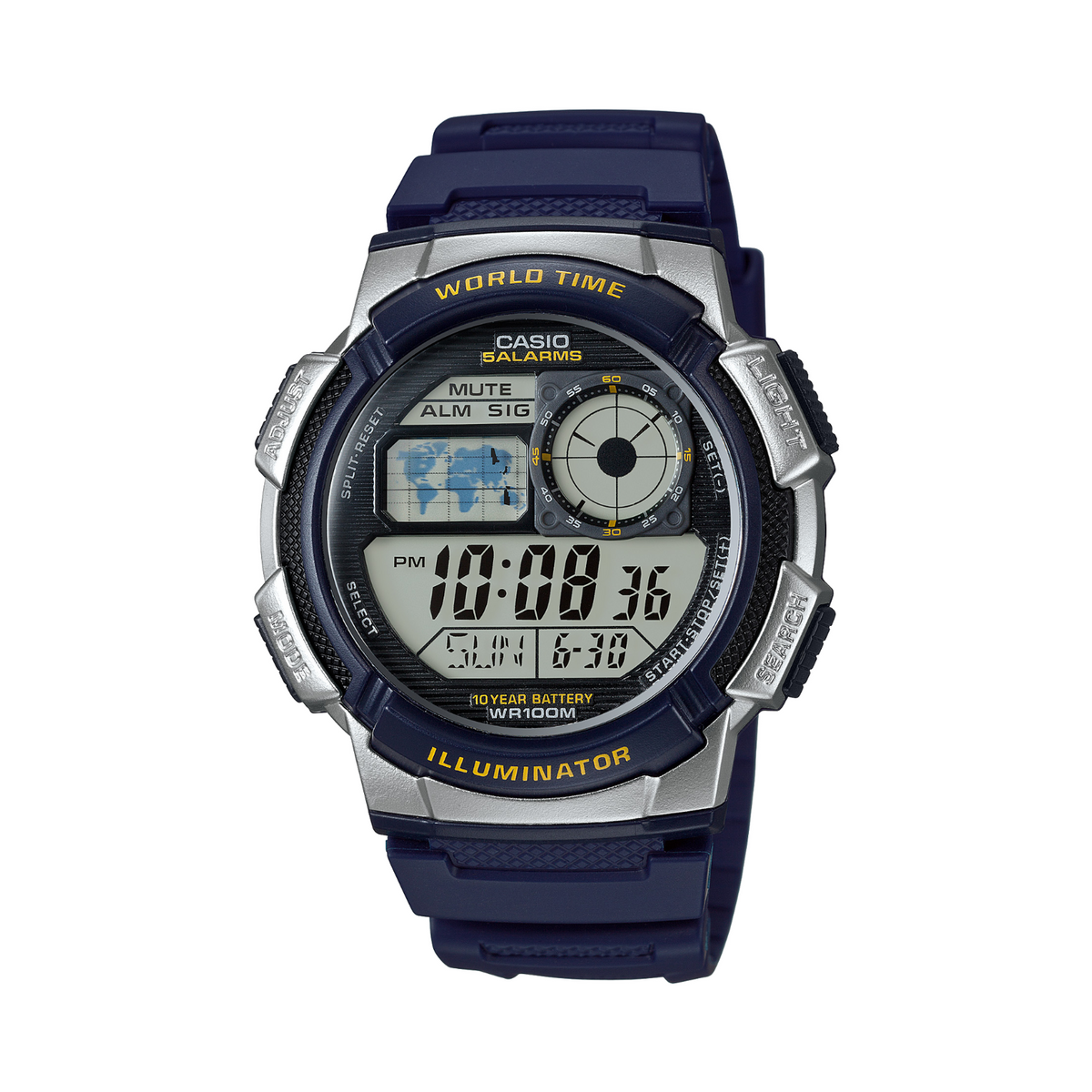 Digital watch with blue strap and silver casing on a white background