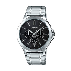 Casio watch with silver metal strap and black dial on a white background