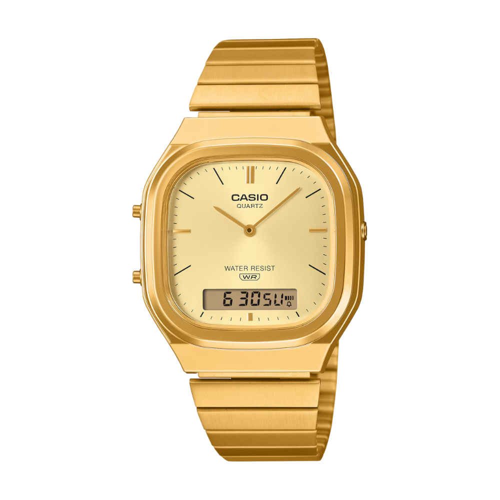 Gold Casio watch on a white background