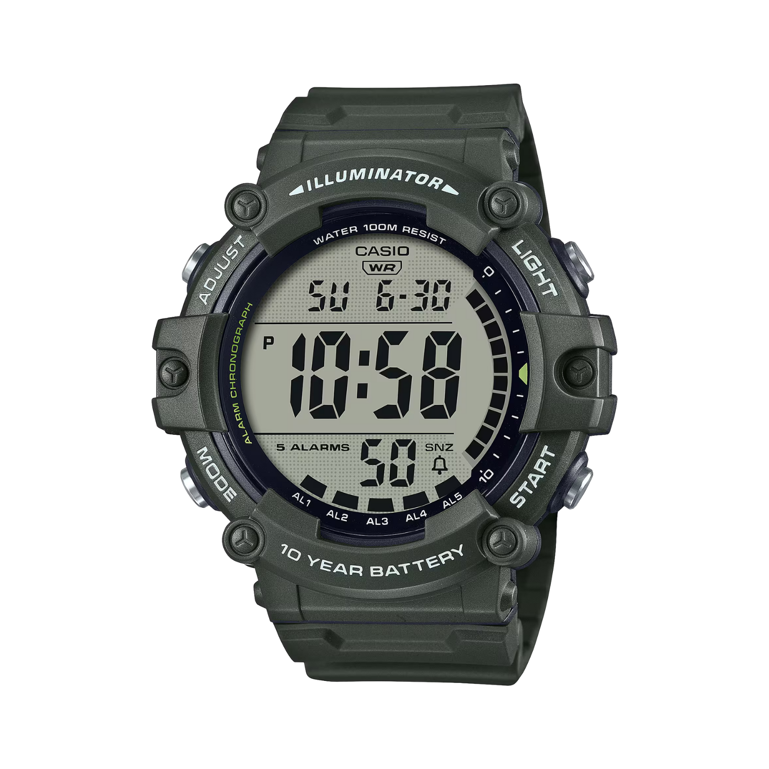 Casio digital watch with green casing on a white background