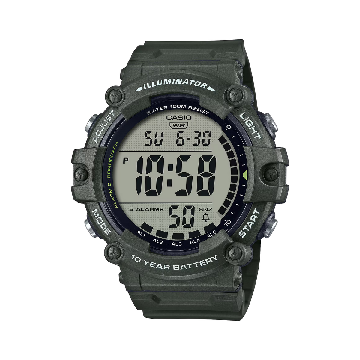 Casio digital watch with green casing on a white background