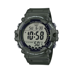 Casio digital watch with green casing on a white background