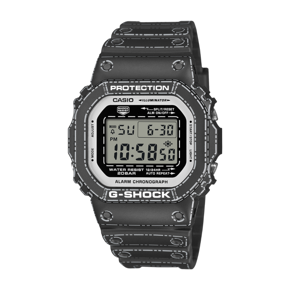 Black Casio G-Shock digital watch on a white background