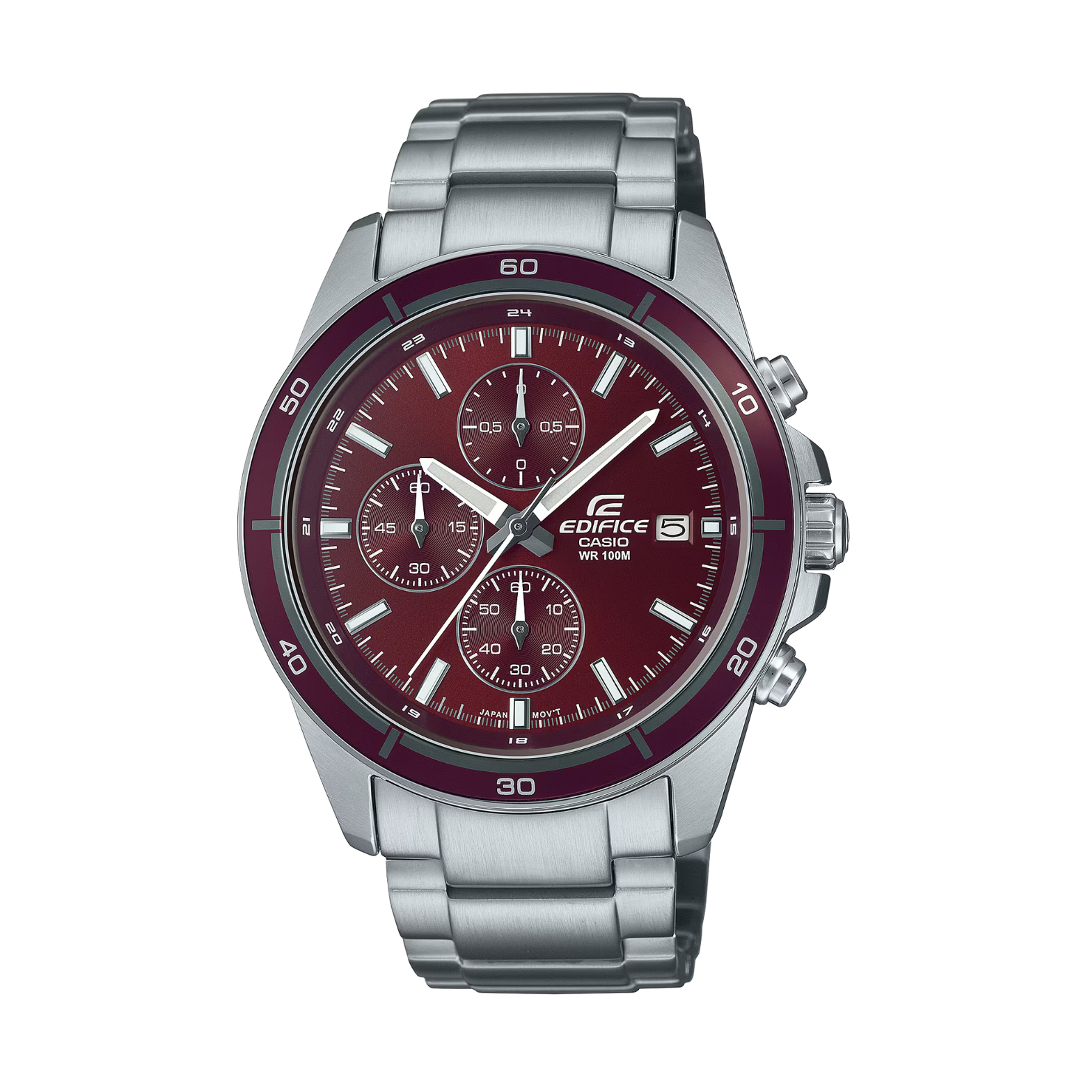 Silver watch with a red face on a white background