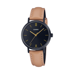 Casio watch with black dial and brown leather strap on a white background