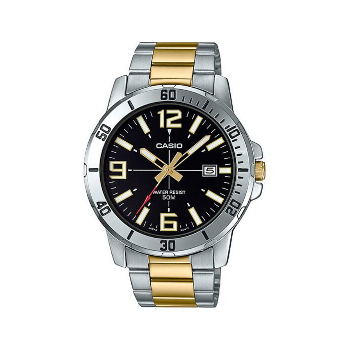 Casio watch with silver and gold band on a white background